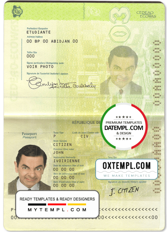 editable template, Cote D'Ivoire passport template in PSD format, fully editable