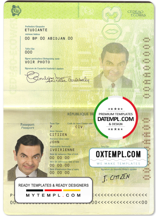 editable template, Cote D'Ivoire passport template in PSD format, fully editable