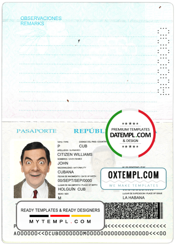 editable template, Cuba passport template in PSD format