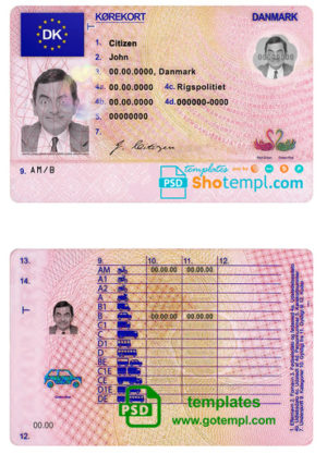 editable template, Denmark driving license template in PSD format, fully editable