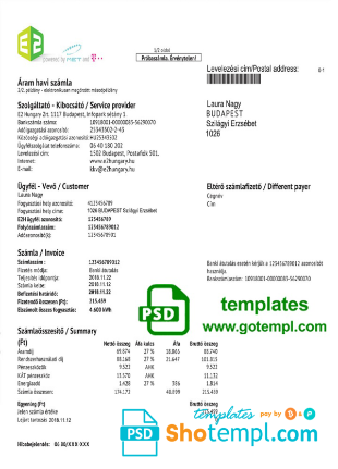 editable template, Hungary E2 utility bill template, fully editable in PSD format