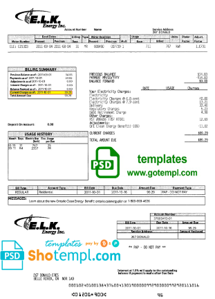 editable template, Canada ELK energy utility bill template, fully editable in PSD format