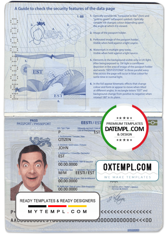 editable template, Estonia passport template in PSD format, fully editable