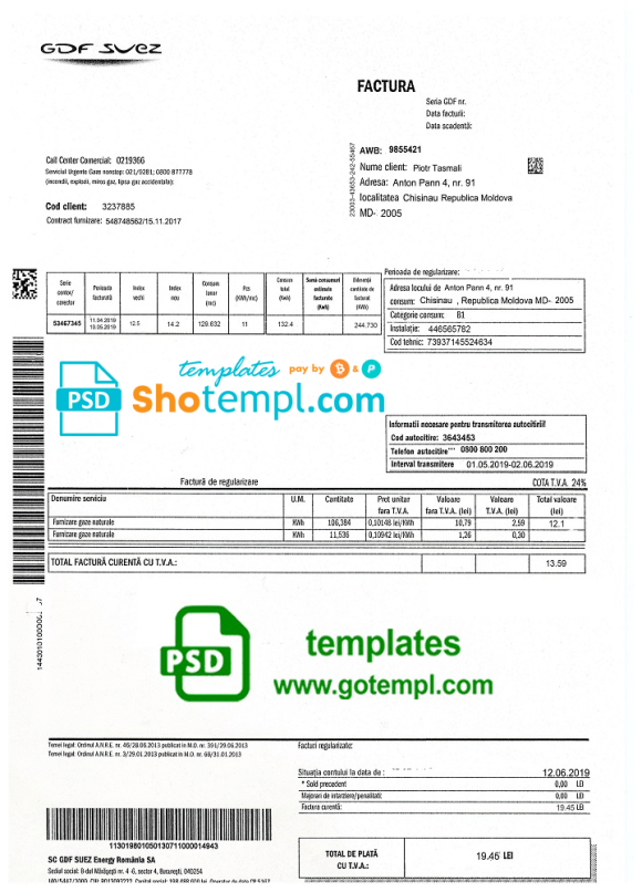 editable template, Moldova Gas utility bill template, fully editable in PSD format