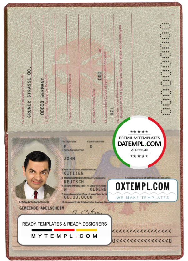 editable template, Germany passport template in PSD format, fully editable, with all fonts (till March of 2017)