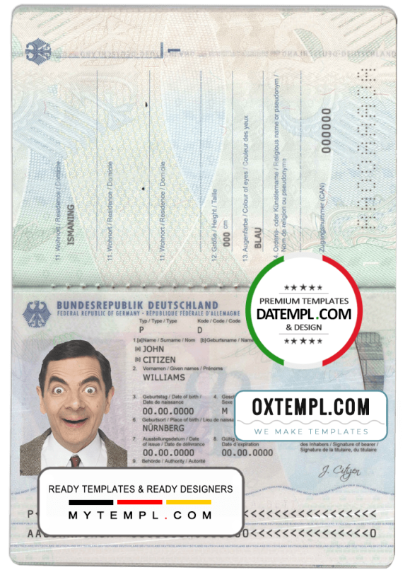 editable template, Germany passport template in PSD format, fully editable (2017 - present)