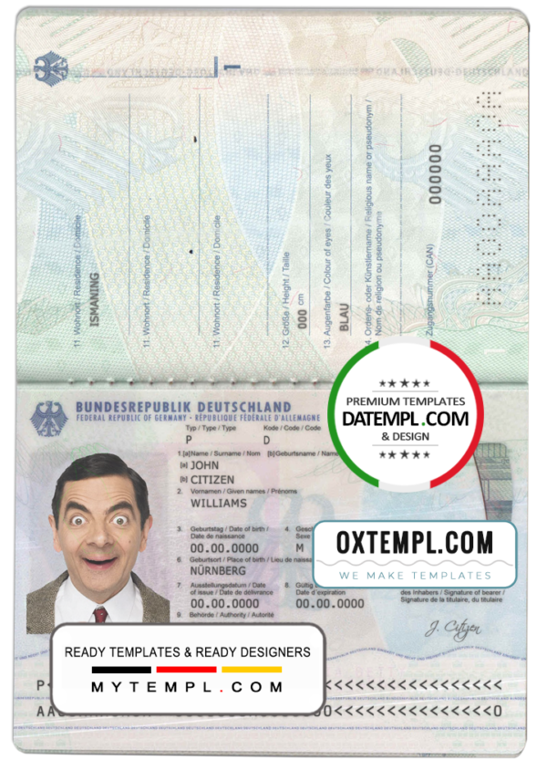 editable template, Germany passport template in PSD format, fully editable (2017 - present)