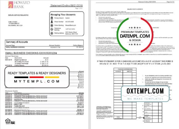 editable template, USA Maryland Howard Business bank statement template, Word and PDF format (.doc and .pdf) (4 pages)
