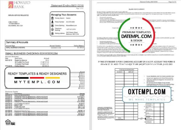 editable template, USA Maryland Howard Business bank statement template, Word and PDF format (.doc and .pdf) (4 pages)