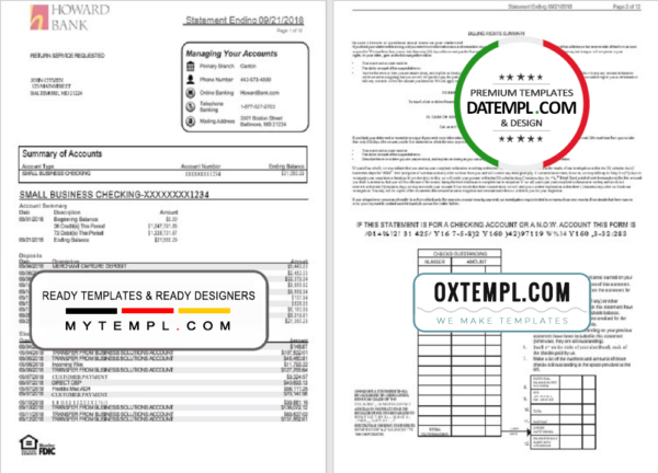 editable template, USA Maryland Howard Business bank statement template, Excel and PDF format (.xls and .pdf) (4 pages)