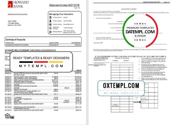 editable template, USA Maryland Howard Personal proof of address bank statement template in Word and PDF format (4 pages)
