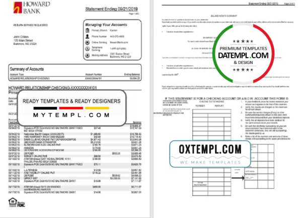 editable template, USA Maryland Howard Personal proof of address bank statement template in Word and PDF format (4 pages)