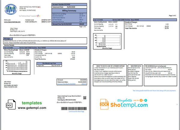 editable template, USA Minnesota Itasca-Mantrap electricity utility bill template in Word and PDF format (2 pages)