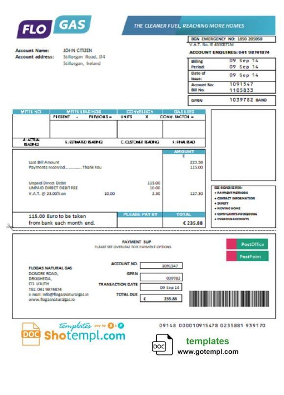editable template, Ireland Flogas Natural Gas utility bill template in Word and PDF format