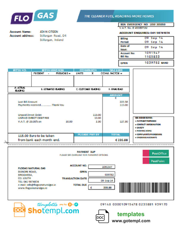 editable template, Ireland Flogas Natural Gas utility bill template in Word and PDF format
