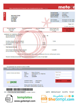 Ireland Meteor utility bill template in Word and PDF format