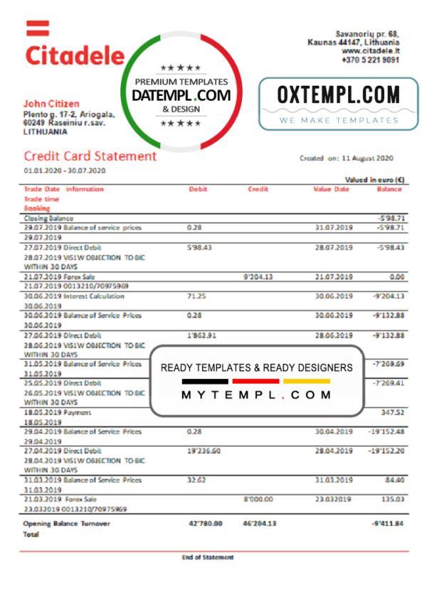 editable template, Lithuania (Litva) Citadele bank credit card statement template in Word and PDF format