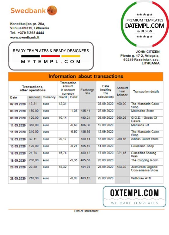 editable template, Lithuania Swedbank statement template in Word and PDF format