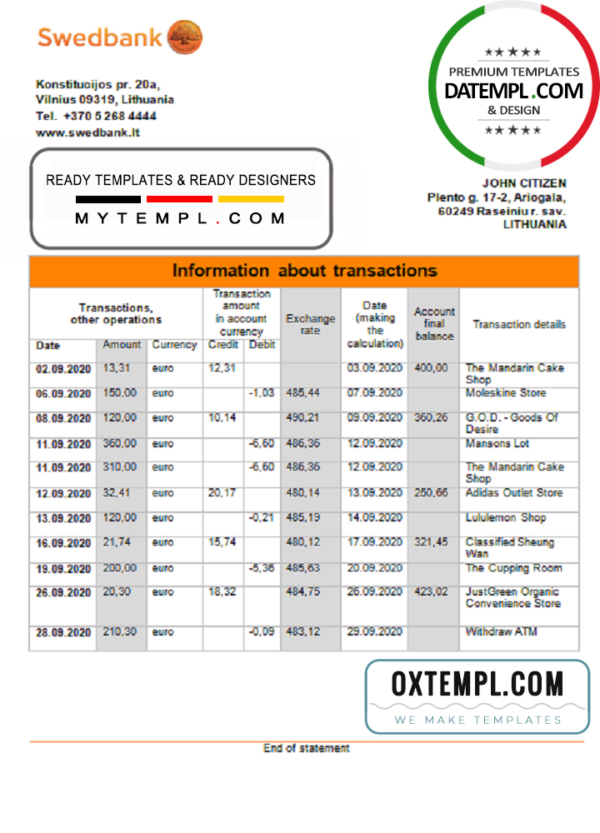 editable template, Lithuania Swedbank statement template in Word and PDF format