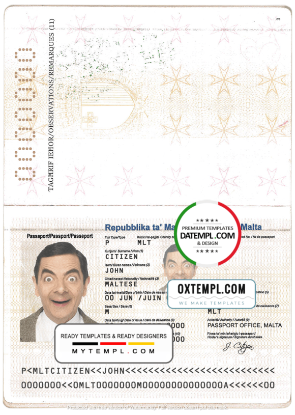 editable template, Malta passport template in PSD format