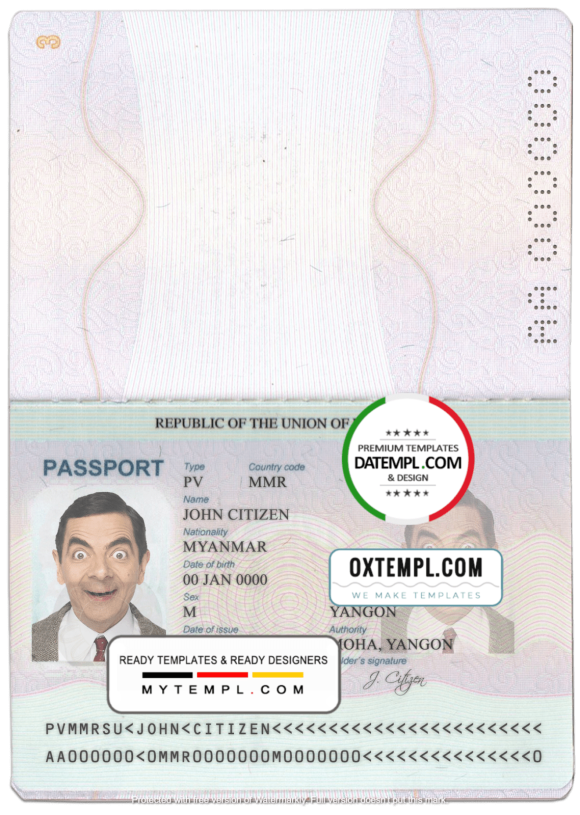 editable template, Myanmar passport template in PSD format, with all fonts