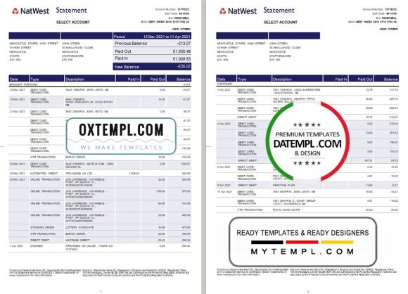 editable template, United Kingdom Natwest bank statement template in Excel and PDF format (2 pages)
