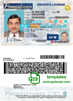 USA Pennsylvania state driving license template in PSD format