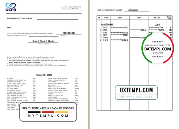 editable template, Philippines The United Coconut Planters Bank (UCPB) passbook template in .doc and .pdf file format