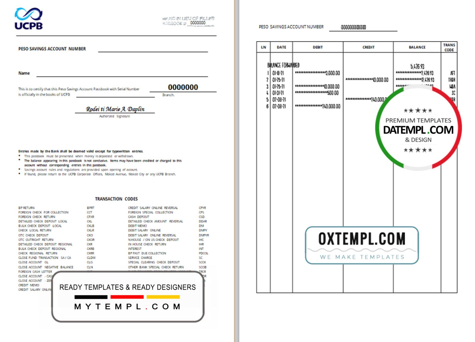 editable template, Philippines The United Coconut Planters Bank (UCPB) passbook template in .doc and .pdf file format