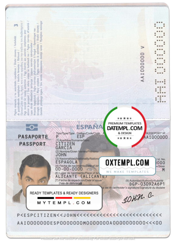editable template, Spain passport template in PSD format, fully editable (till 2015)