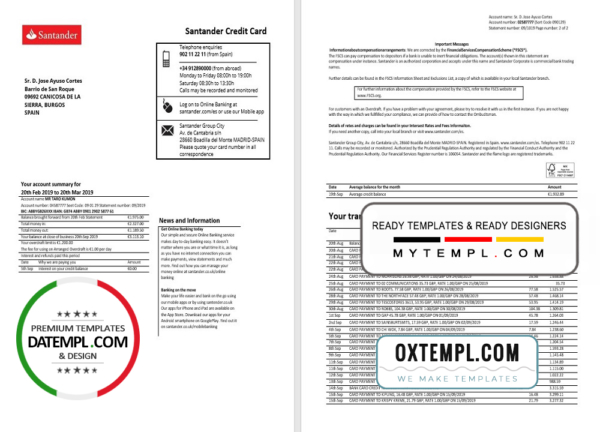 editable template, Spain Santander credit card statement template, Excel and PDF format (.xls and .pdf), 2 pages