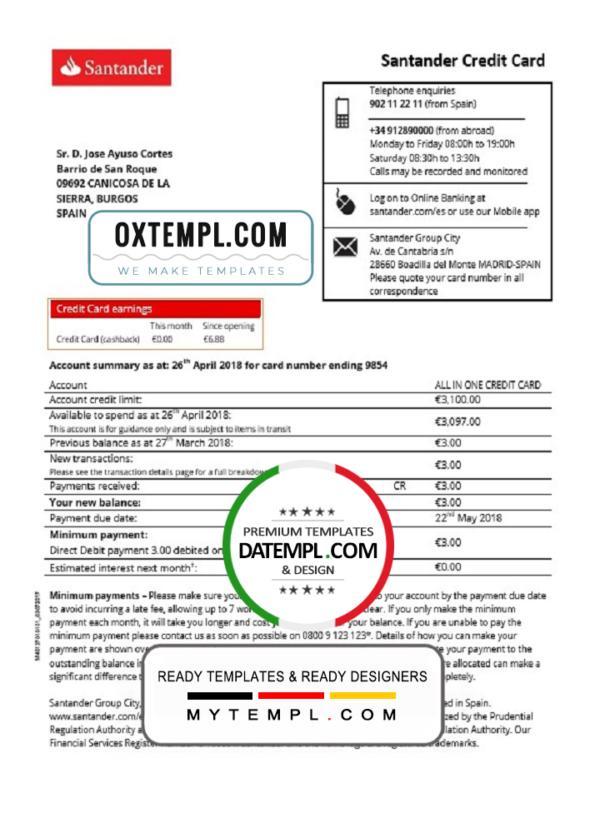 editable template, Spain Santander credit card proof of address bank statement in Word and PDF format