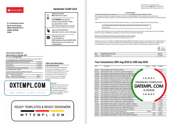 editable template, Spain Santander credit card statement template, Word and PDF format (.doc and .pdf), 2 pages