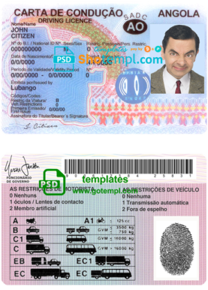 editable template, Angola driving license template in PSD format, fully editable, with all fonts