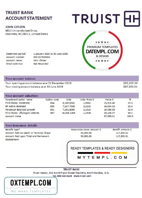 editable template, USA Truist bank proof of address statement template in Word and PDF format