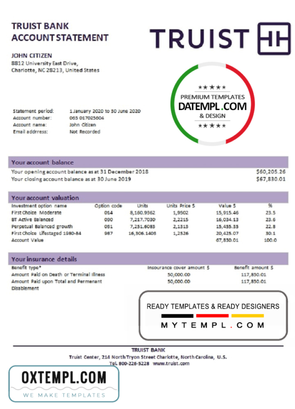 editable template, USA Truist bank proof of address statement template in Word and PDF format