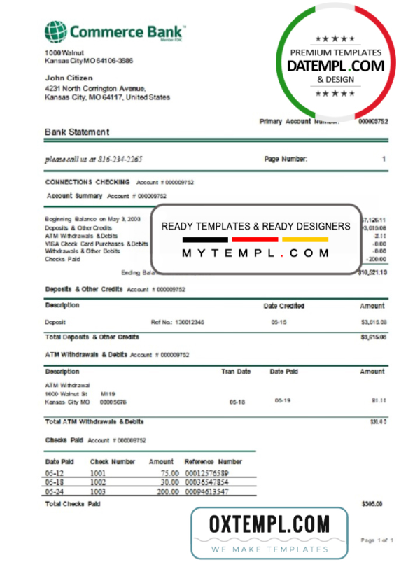 editable template, USA Commerce bank proof of address statement template in Word and PDF format