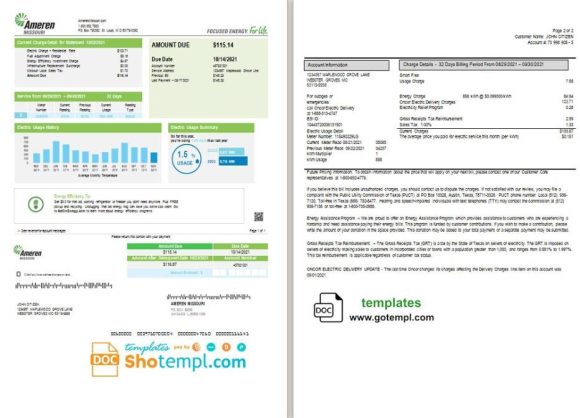 editable template, USA Ameren Missouri electricity utility bill template in Word and PDF format (2 pages)