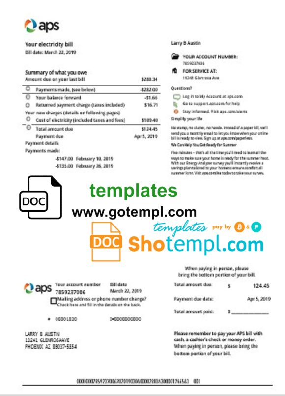 editable template, USA Arizona APS electricity proof of address utility bill template in Word and PDF format