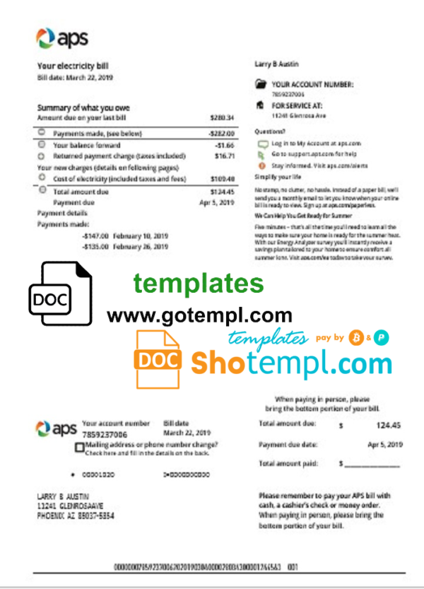 editable template, USA Arizona APS electricity proof of address utility bill template in Word and PDF format