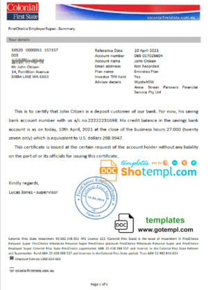 editable template, Australia Colonial First State bank account reference letter template in Word and PDF format