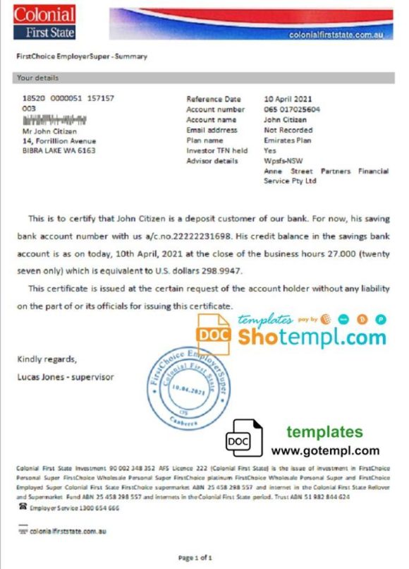 editable template, Australia Colonial First State bank account reference letter template in Word and PDF format