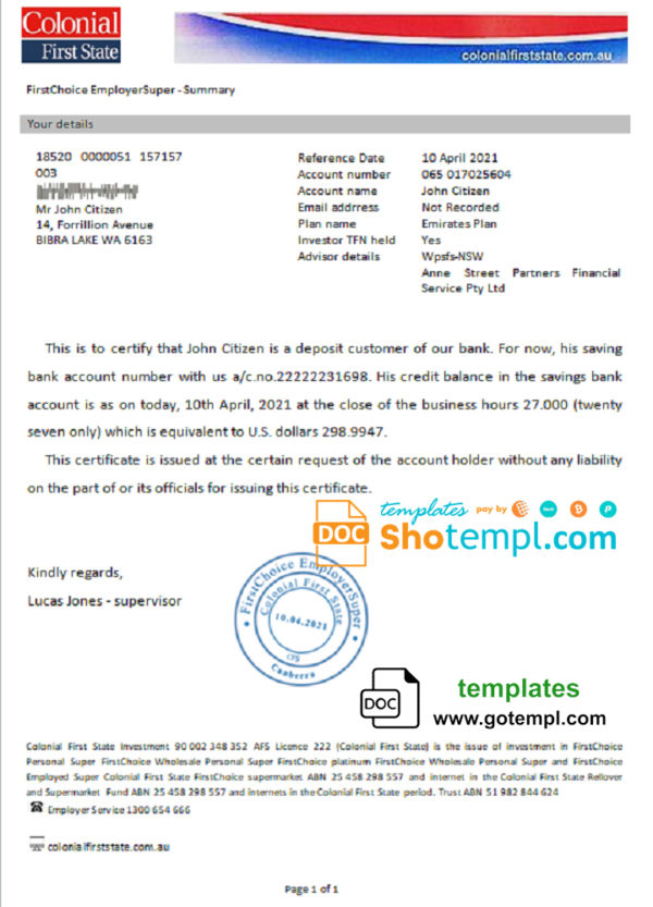 editable template, Australia Colonial First State bank account reference letter template in Word and PDF format