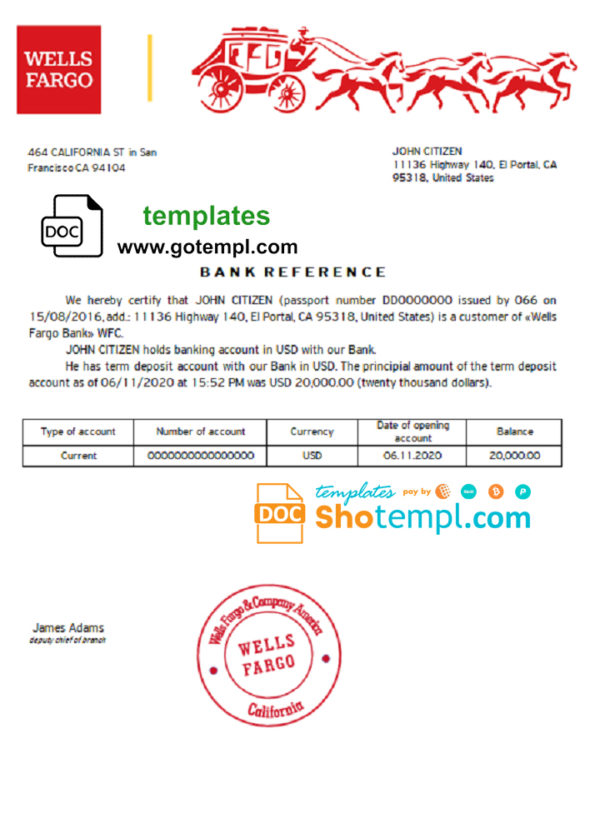 editable template, USA Wells Fargo Bank account reference letter template in Word and PDF format