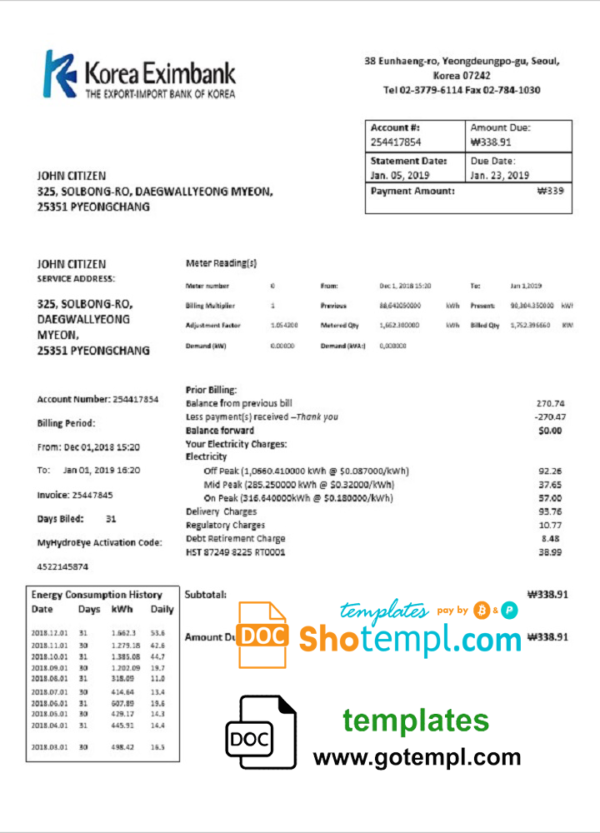 editable template, Korea Eximbank template in Word and PDF format, good for address prove