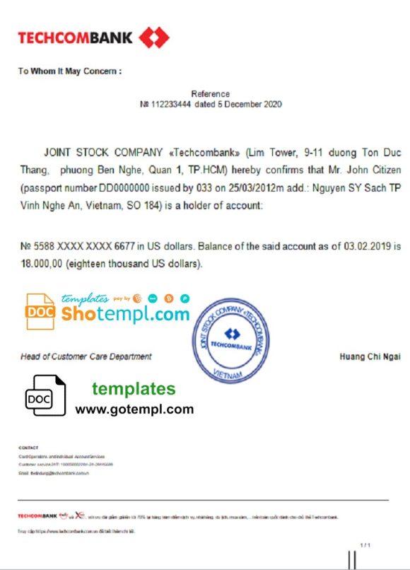 editable template, Vietnam Techcombank bank reference letter template in Word and PDF format