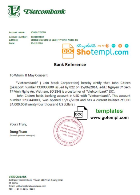editable template, Vietnam Vietcombank bank reference letter template in Word and PDF format