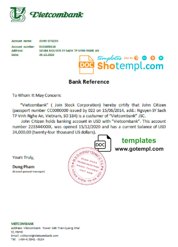 editable template, Vietnam Vietcombank bank reference letter template in Word and PDF format