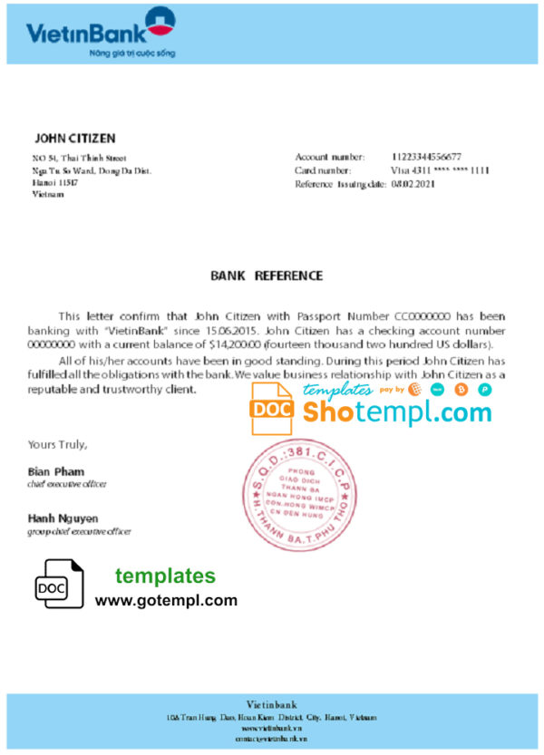 editable template, Vietnam Vietinbank bank reference letter template in Word and PDF format