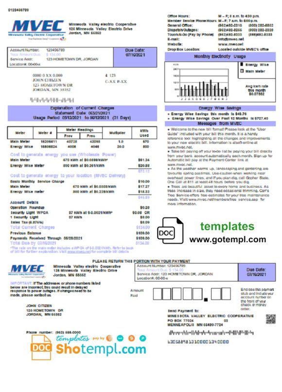 editable template, USA Minnesota Valley Electric Cooperative (MVEC) utility bill template in Word and PDF format